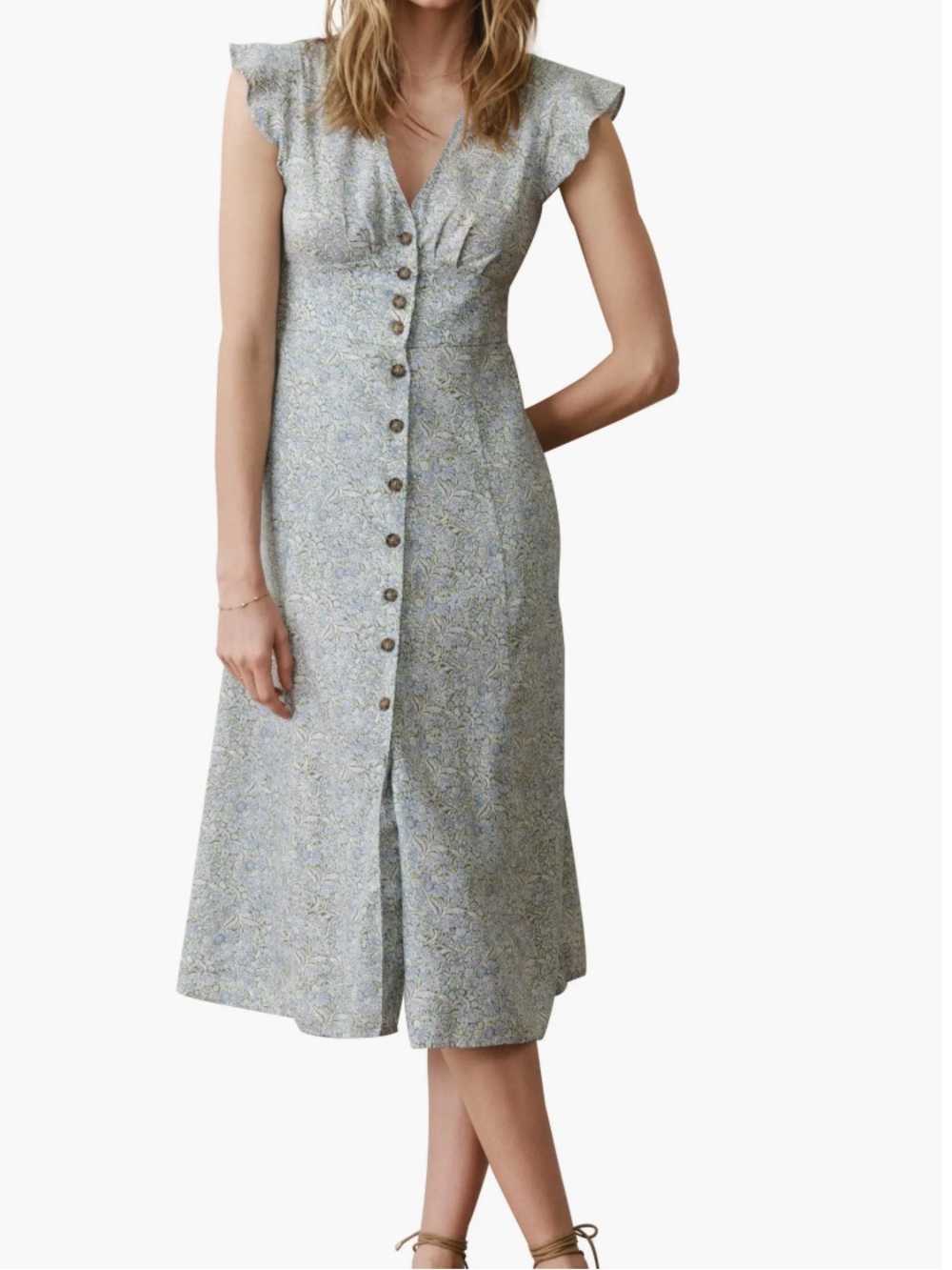 Marine Layer Camille Sea Floral Light Blue Midi Dress with Button Front pockets